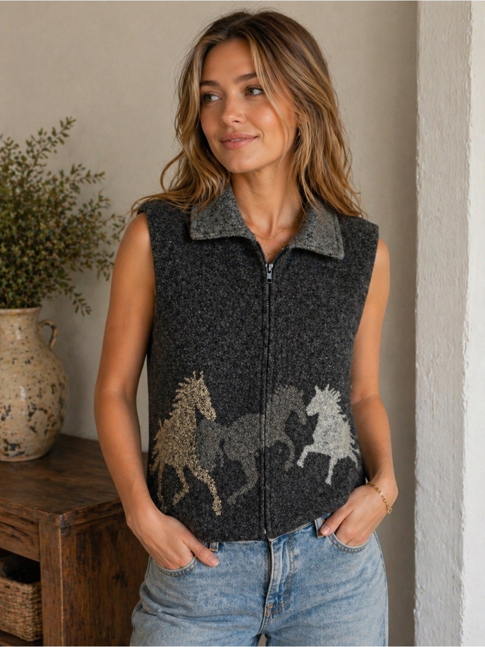Vintage Black Mountain Outdoor Horse Print Fleece Vest Western Equestrian Ranch